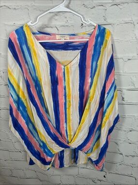 Umgee Multicolor Vertical Stripe Twist-Front Blouse - Blue/Pink/Yellow/White
